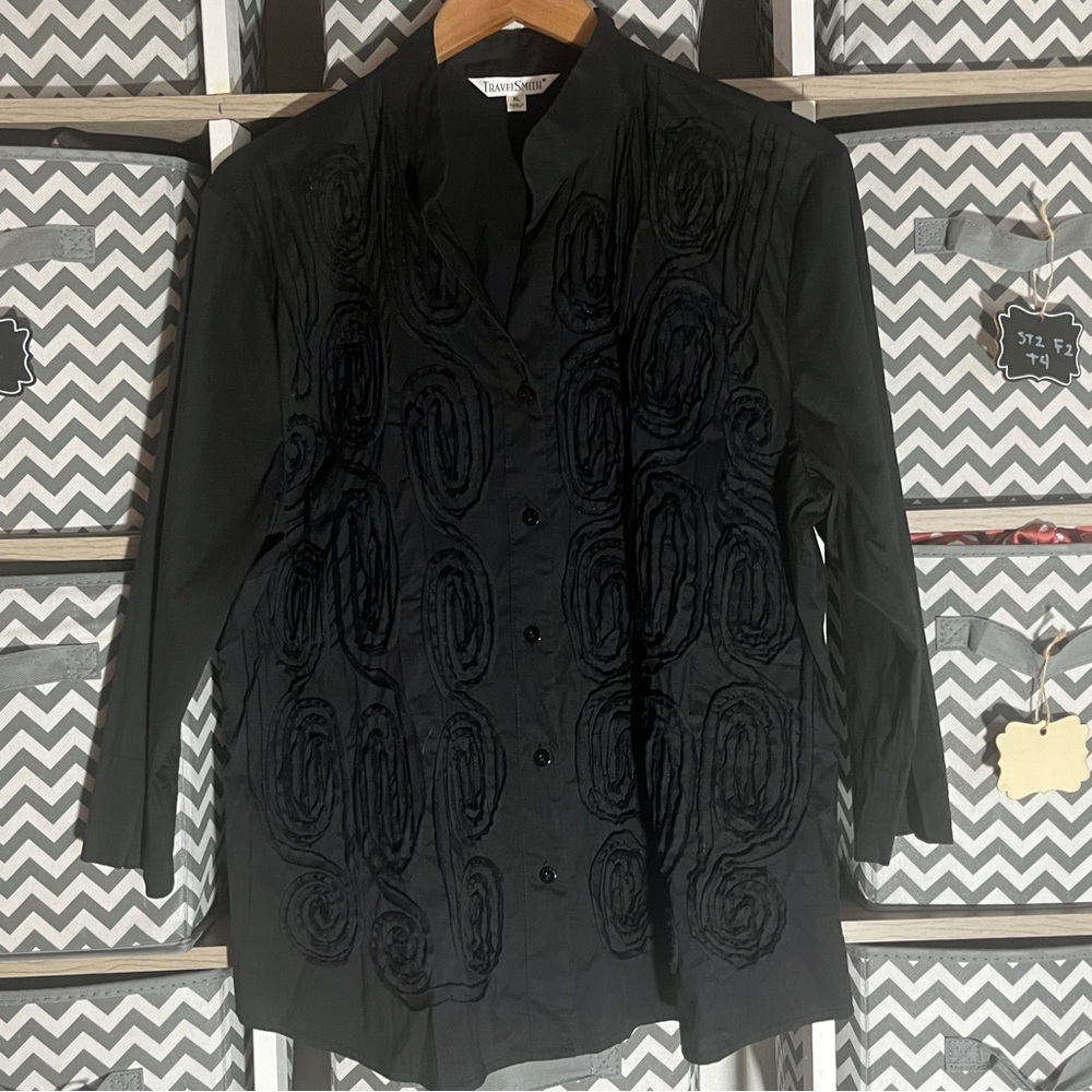 TravelSmith Black Women's Blouse with Floral Textured Design